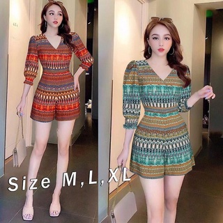 Jum short cổ tim tay lỡ họa tiết dây kéo lưng xinh xắn