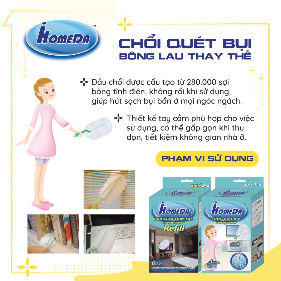 Combo Chổi Quét Bụi Tĩnh Điện Hút Sạch Không Bị Bay Bụi Kèm Bông Lau Thay Thế iHomeDa (1 Cán + 10 Bông Lau)