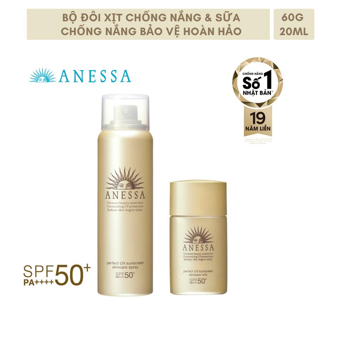 Bộ đôi xịt và sữa chống nắng Anessa kiềm dầu, dưỡng da , tiện lợi (Anesa Gold spray 60g + Gold milk 20ml)