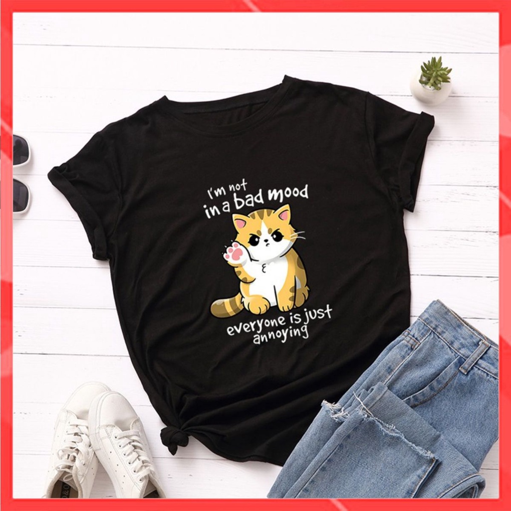 Áo thun phông nam nữ form rộng Familylove - Mẫu áo Unisex  Chú mèo in a bad mood chất Cotton 100% cao cấp