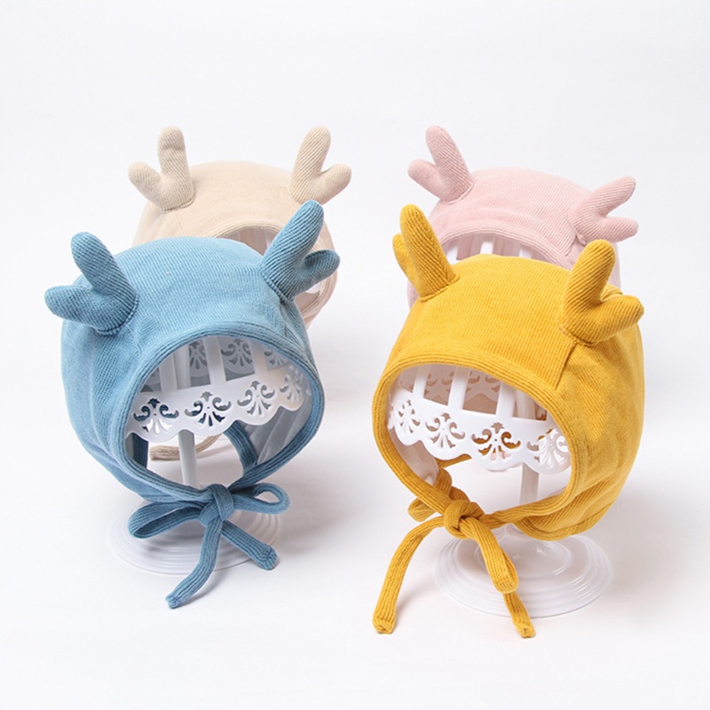 Mũ beanie màu trơn hình sừng nai dễ thương giữ ấm tai cho bé