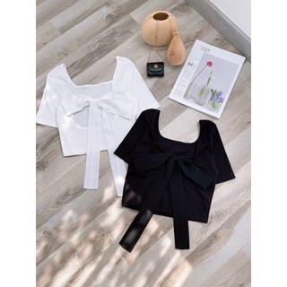 Áo croptop thun gân cột nơ lưng kèm ảnh thật