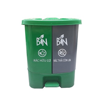 Thùng phân loại rác BIN NH20 hai ngăn phân loại rác cho gia đinh Thể tích 40L Màu xanh lá và Xám.