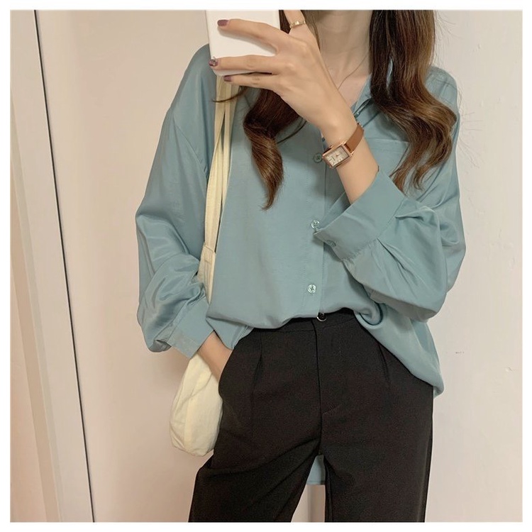Áo sơ mi nữ Maika  form rộng dài tay màu trắng lụa hàn mát mịn phong cách Ulzzang Hàn Quốc