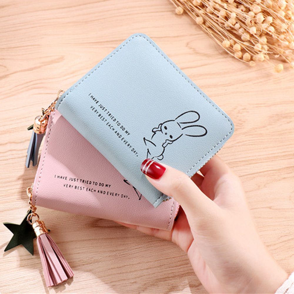 Ví mini ngắn có khóa kéo họa tiết thỏ đơn giản phối tua rua thời trang phong cách Hàn Quốc