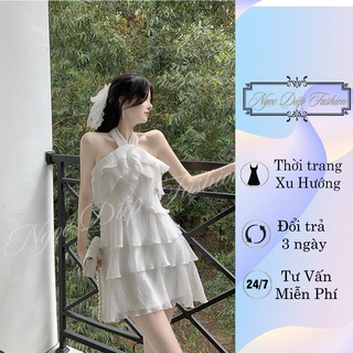 Đầm cổ yếm xếp tầng, đầm trắng cao cấp