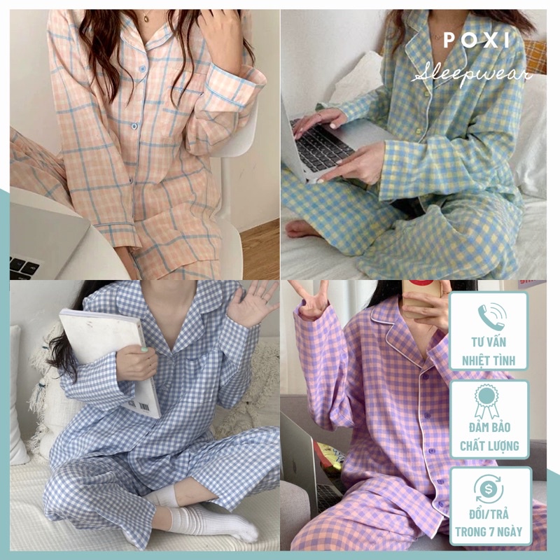 Bộ đồ ngủ nữ Pyjama kẻ sọc caro tay dài phong cách Hàn Quốc
