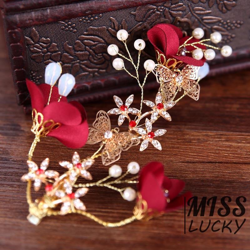 Red Wedding Bride Headdress Hairpin Clip Jewelry Accessories Flowers Ornaments New styles Roses Goddes Style Barrett