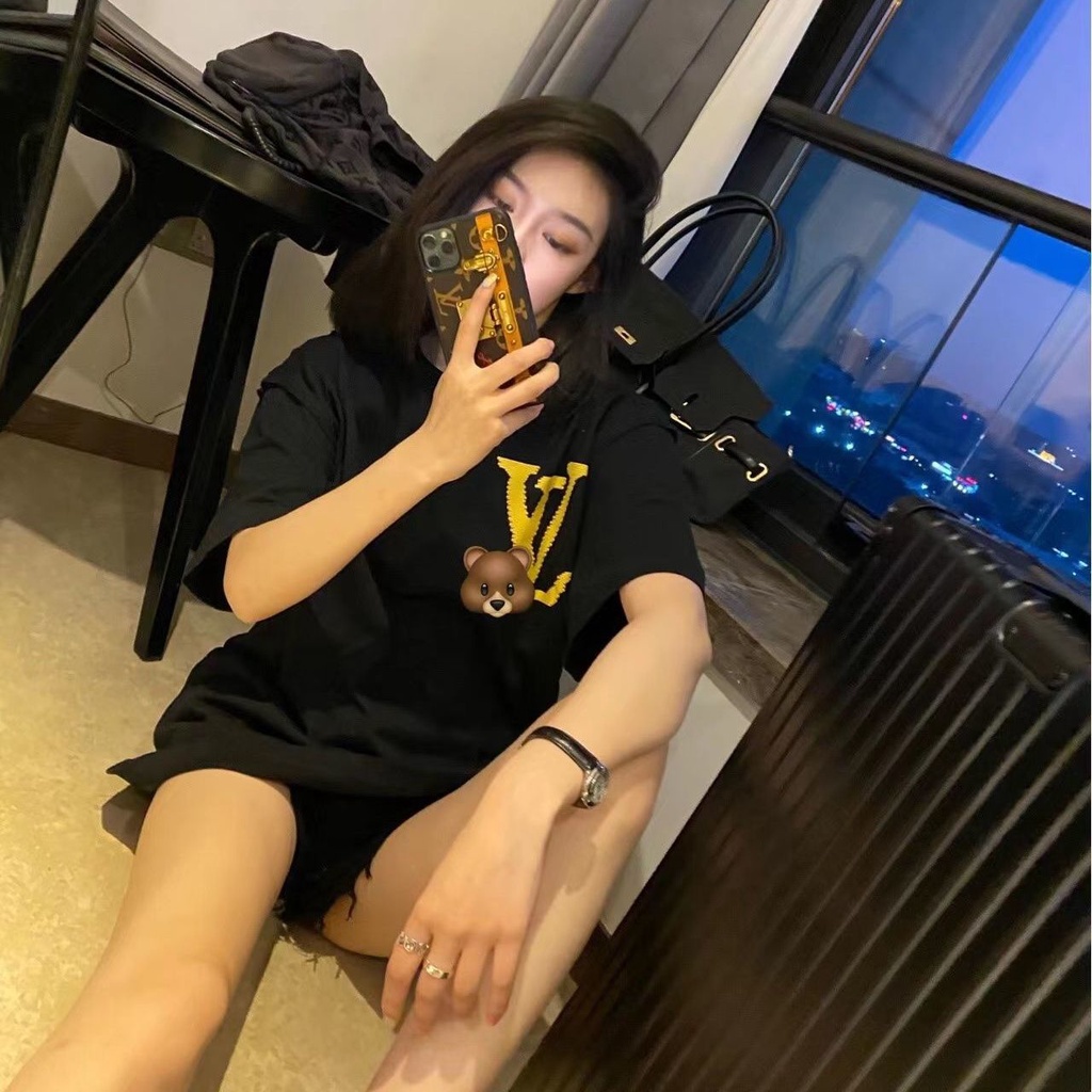 Áo Thun 100% Cotton Nguyên Chất Tay Ngắn Dáng Rộng In Hình Khối Vuông Lv/trademark+tag/22ss