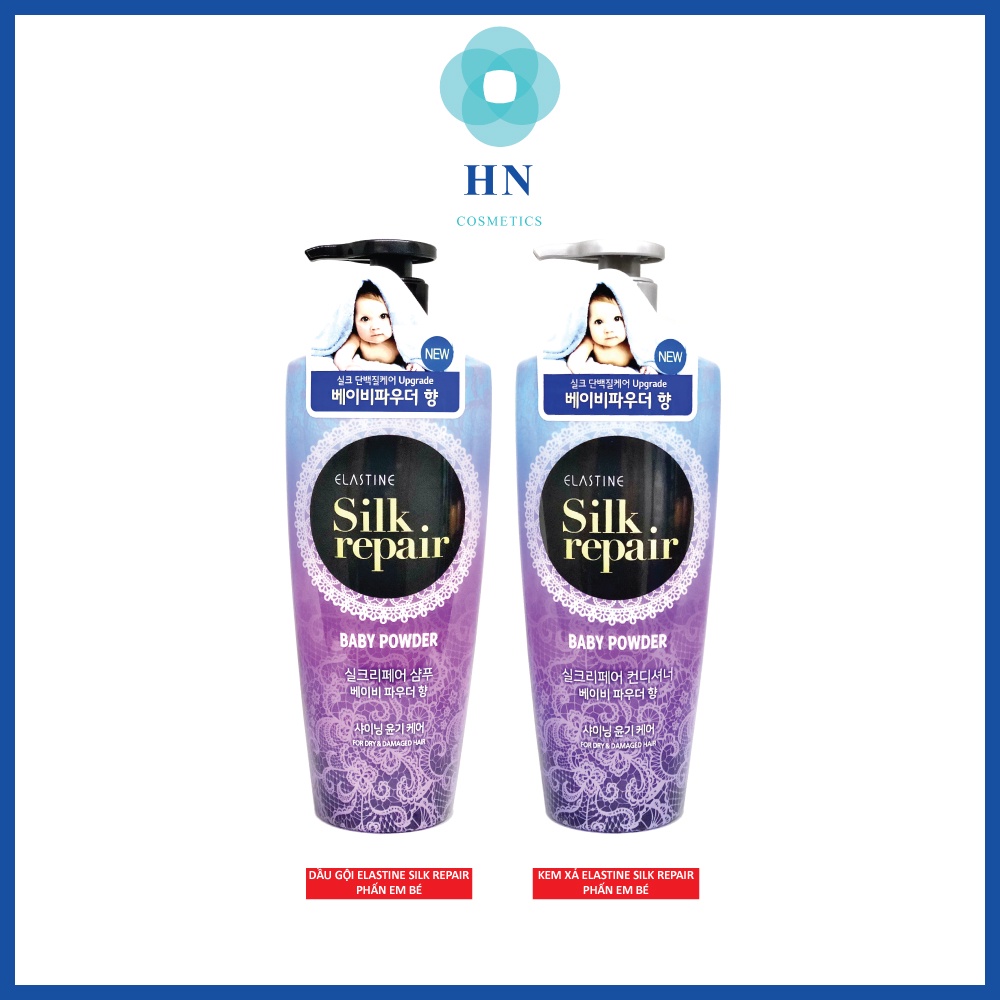 Combo Dầu gội kem xả nước hoa Hàn Quốc Elastine Silk Repair Phấn Em Bé 550ml