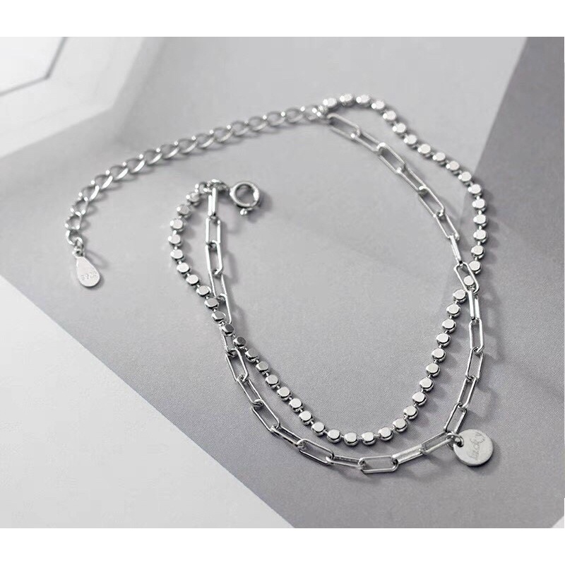 Lắc tau dải tròn dây kép mắt xích cá tính bạc thật phủ vàng trắng