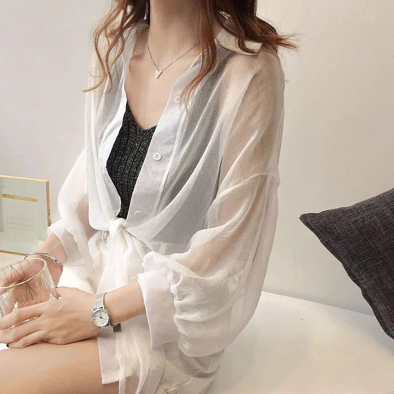 Áo Sơ Mi Voan Trơn 164851 Áo Khoác Sơ Mi Mỏng Tay Cánh Dơi Ngắn Thời Trang Trẻ Trung