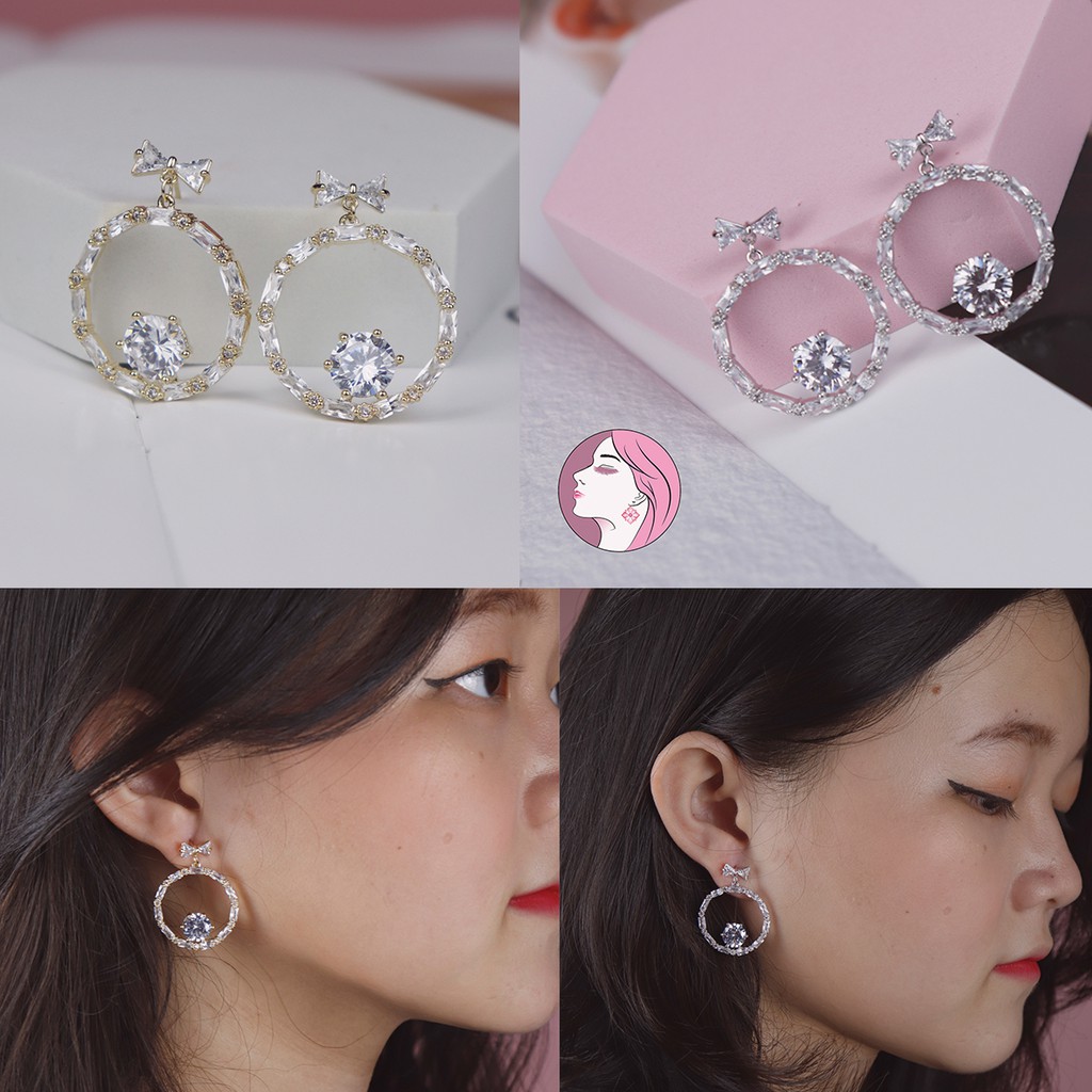 Bông tai mạ vàng 10k - bạc 925 - hình chiếc nơ và vòng tròn - có đính đá lung linh - dễ thương- khôn