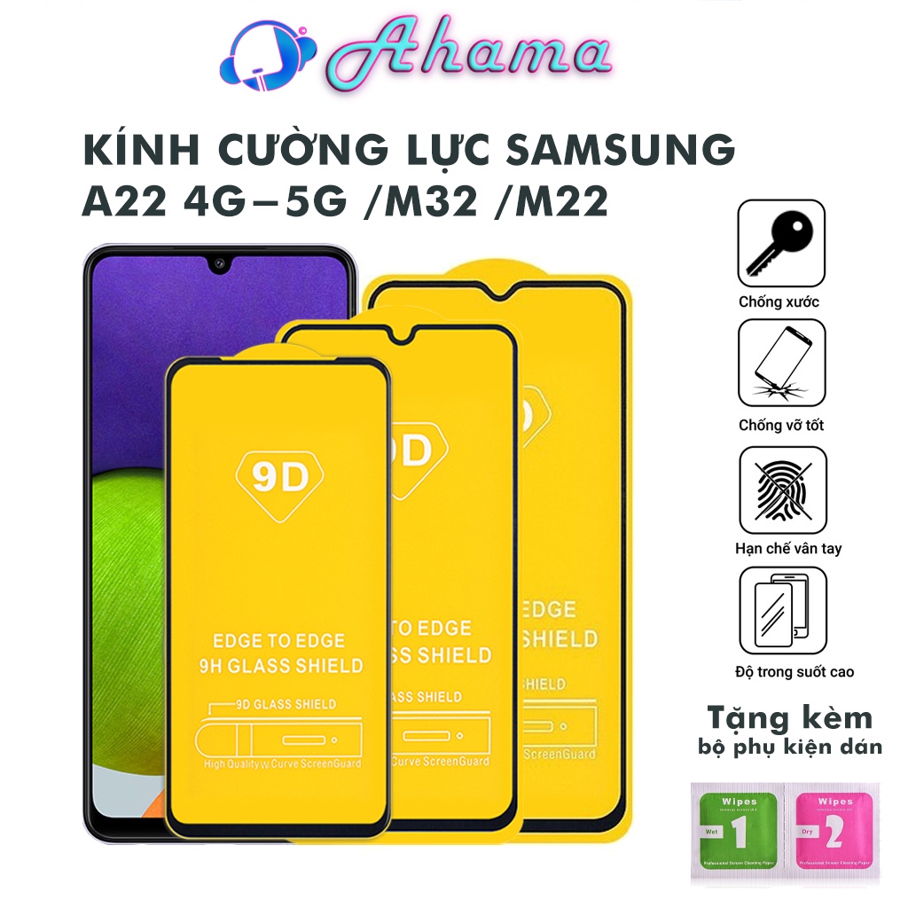 Kính Cường Lực Samsung A22 4G 5G M32 4G 5G M22 Full màn độ bền cao chống rơi vỡ trầy xước tặng kèm khăn lau màn hình