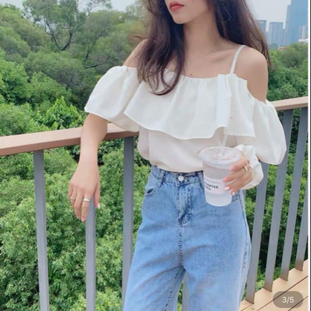 Áo trễ vai hai dây bèo nhún 2 tầng cực xinh