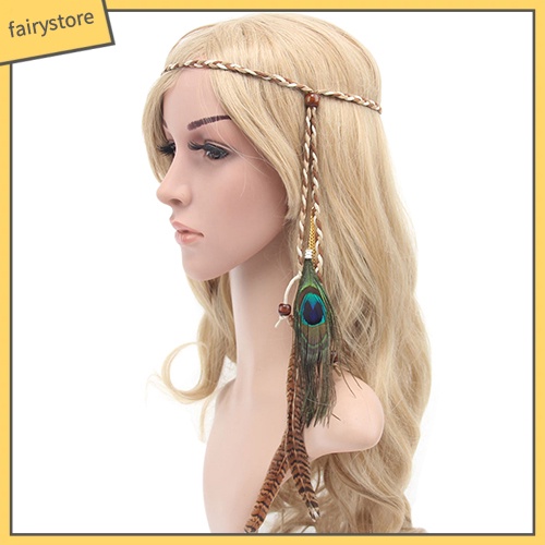 Băng đô cài tóc bện dây phối lông vũ và hạt phong cách boho cho nữ