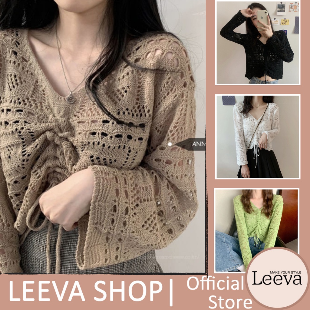 Áo croptop len mỏng dây rút tay dài LEEVA nhẹ nhàng A240