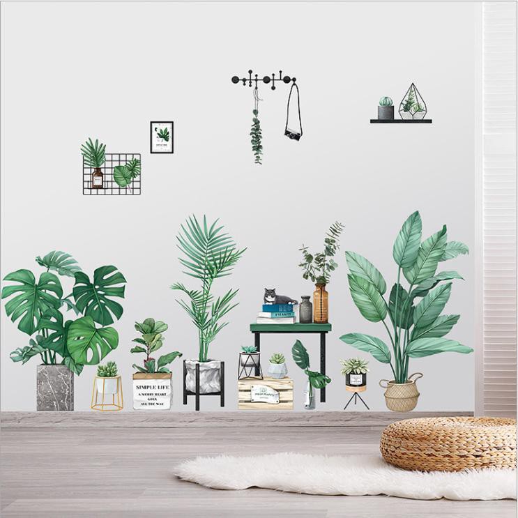 Decal dán trang trí tường phong cách Hàn Quốc Simple Life - decal chậu cây xanh lá AmyShop