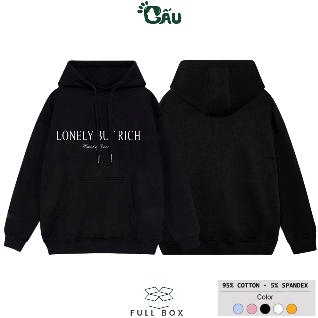 Áo hoodie GẤU 194 vải thu đông co dãn, dày dặn mềm mịn form rộng phong cách Unisex - HD Lonely But Rich