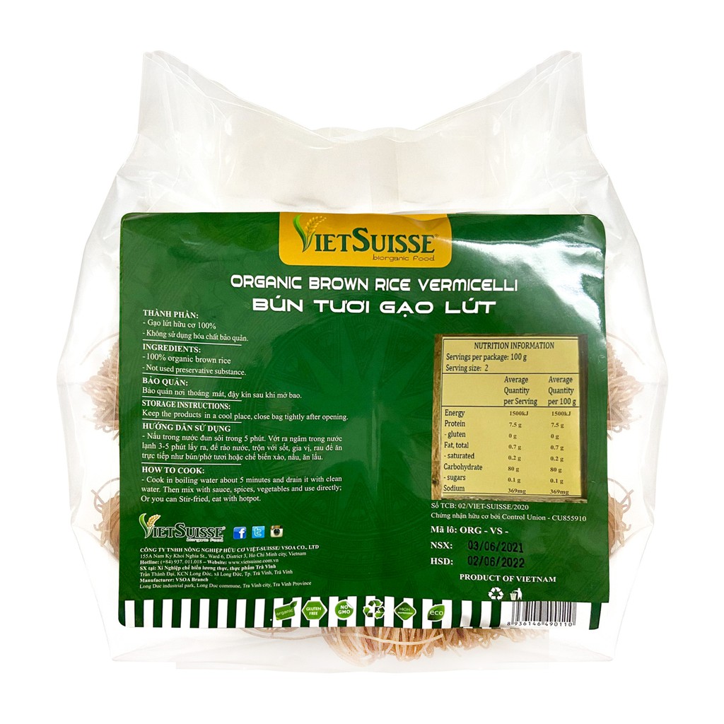 Bún tươi gạo lứt hữu cơ sấy khô VietSuisse (70g x 15 gói/túi)