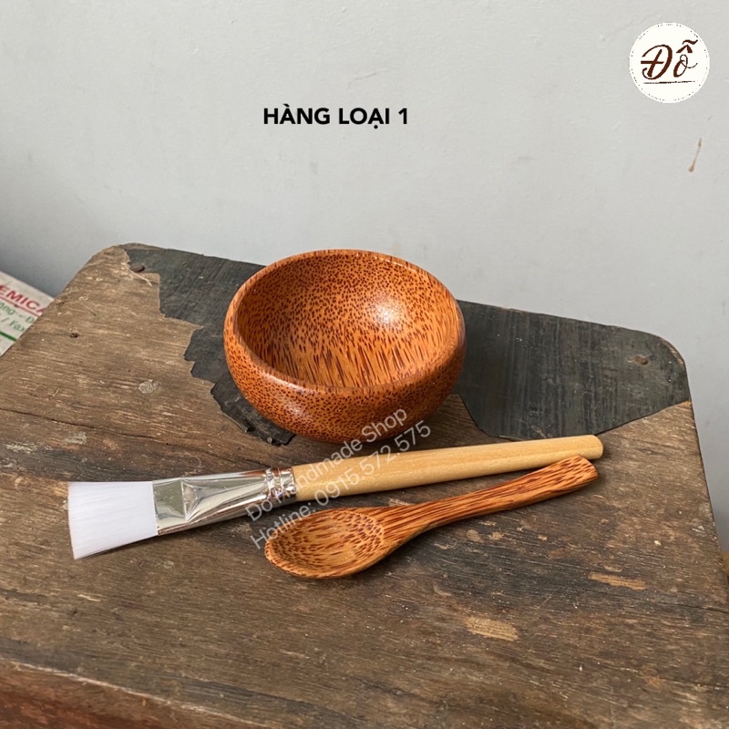 Combo 3 món: chén gỗ dừa dk 9cm+ muỗng gỗ dừa+ cọ cán gỗ, bộ dụng cụ trộn và đắp mặt nạ, bộ chén cọ