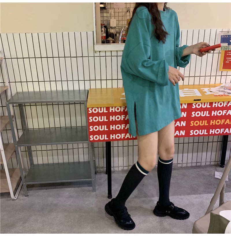 Áo thun tay dài màu trơn form rộng phong cách Hàn Quốc trẻ trung cho nữ