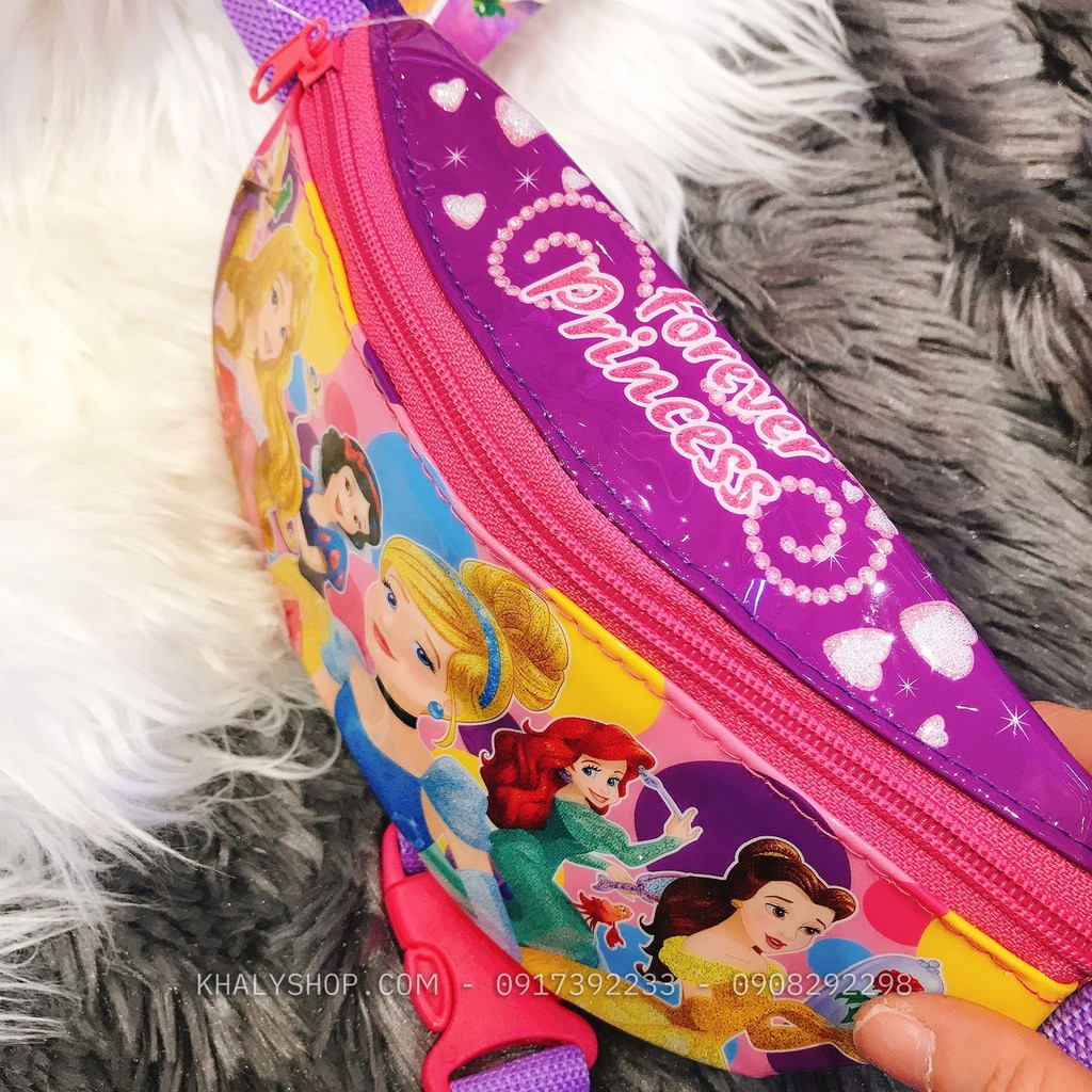 Túi đeo bao tử 1 ngăn hình công chúa Princess kim tuyến lấp lánh màu hồng tím cho bé gái siêu hot - (Thái Lan) - 165NPCN