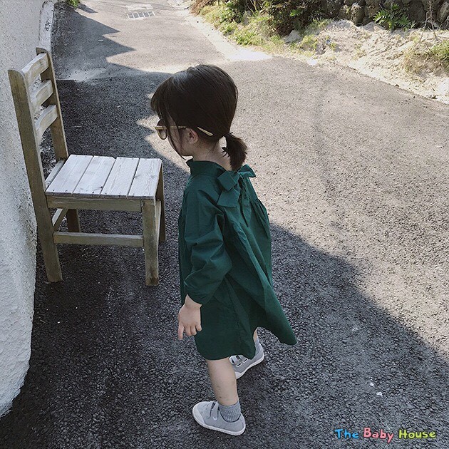 Váy Bé Gái  𝐅𝐑𝐄𝐄𝐒𝐇𝐈𝐏 Váy Nơ Màu Xanh Rêu Tay Dài Đáng Yêu Cho Bé