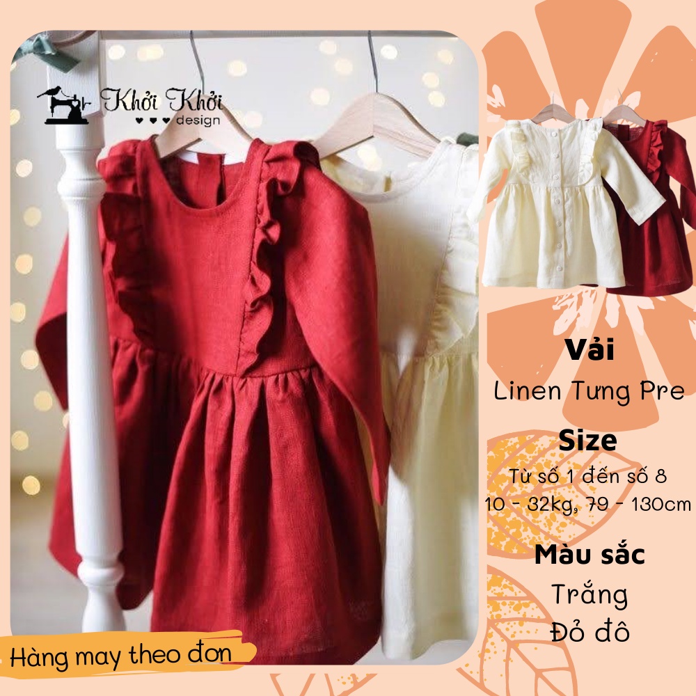 Đầm tay lá bèo nút sau lưng cho bé gái tươi tắn đỏ đô