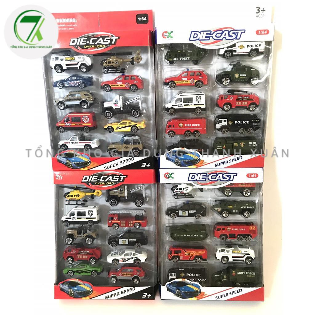 Đồ chơi mô hình xe ô tô đồ chơi cứu hỏa, cảnh sát, quân sự, máy bay, xe tăng, hộp 10 xe cho các bé vui chơi thỏa thích