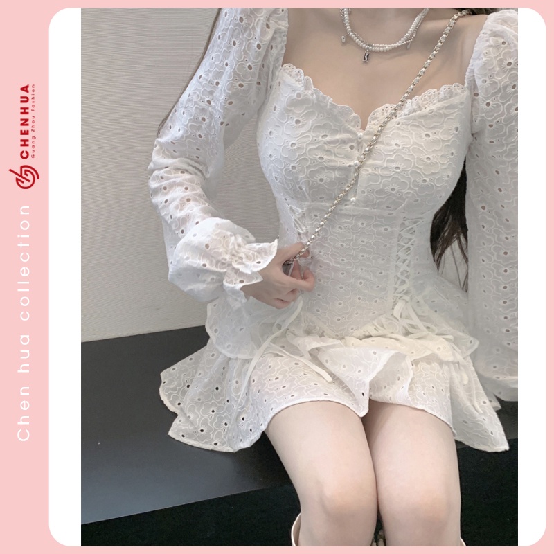 Váy bánh bèo HUAHUA đầm retro thắt eo dài tay xinh đẹp VT38