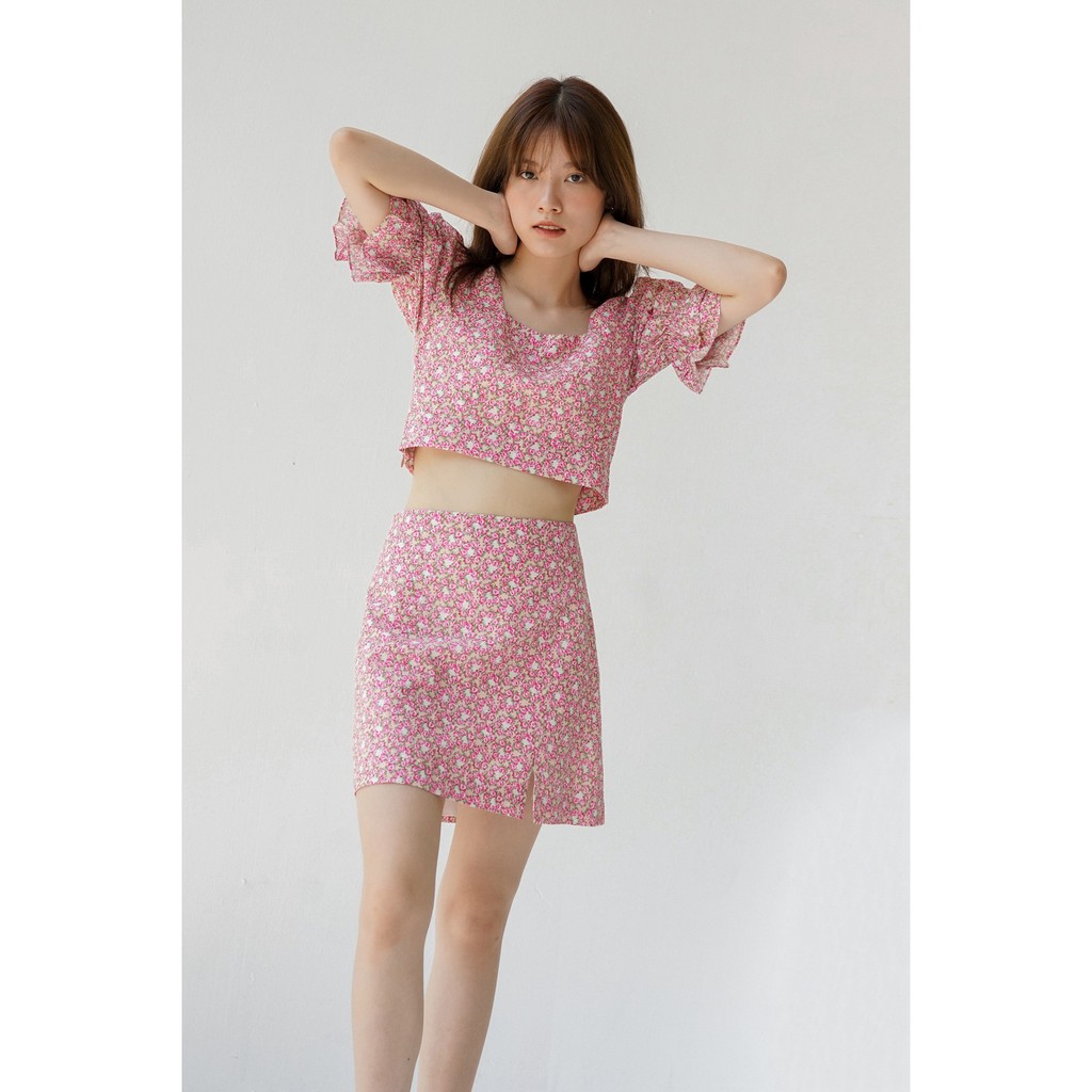 Chân váy chữ A xẻ trước (Hoa)_MONOTALK B20001TK