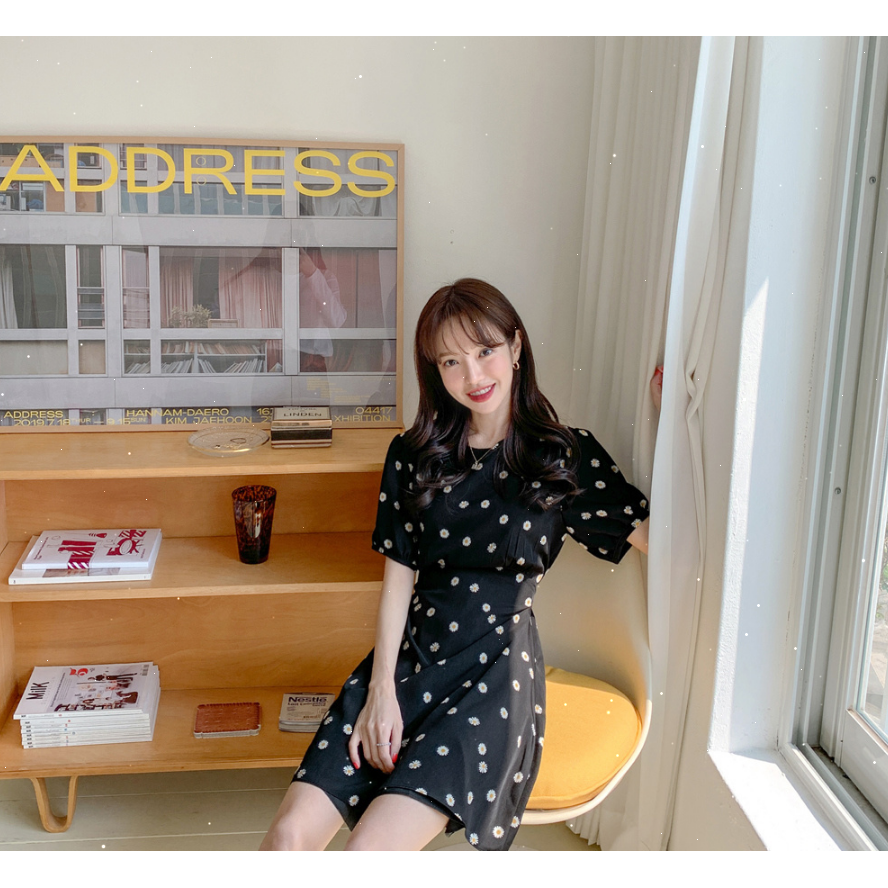 SUXI Đầm họa tiết hoa cúc thời trang hè tay ngắn dành cho nữ