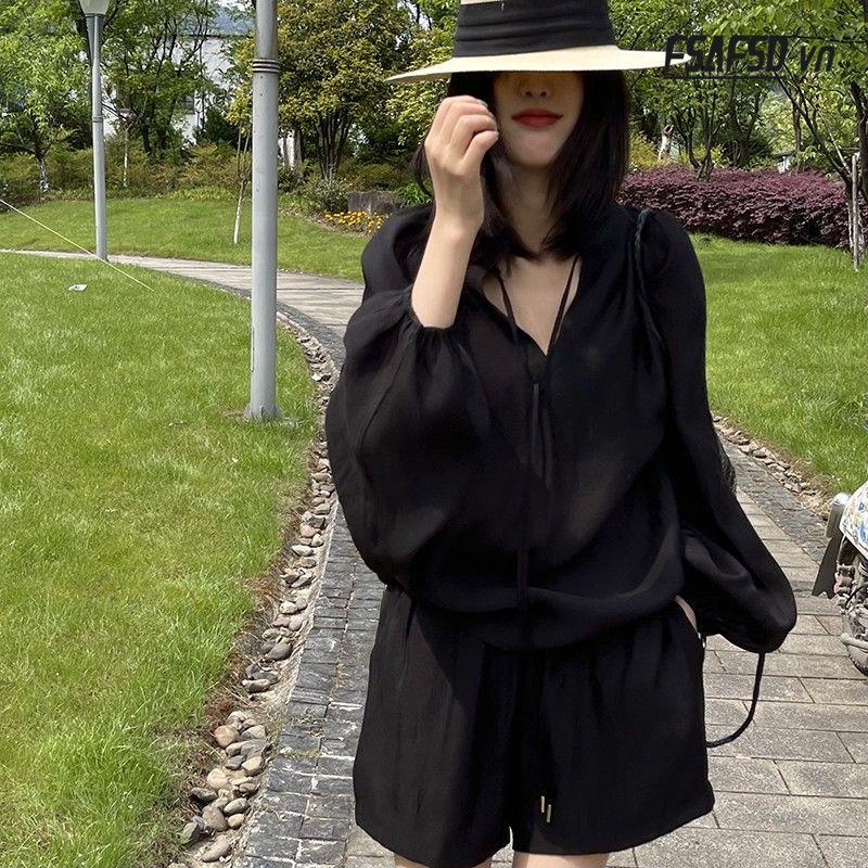 Set Áo Sơ Mi Tay Dài Và Quần Short Thời Trang Phong Cách Cho Nữ