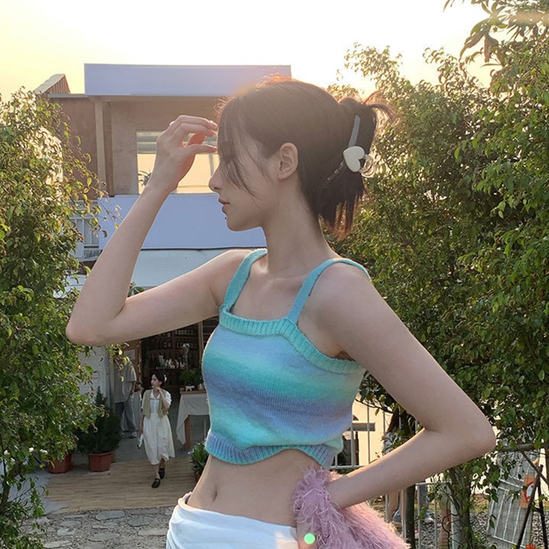 Brroa Áo Croptop Dệt Kim Không Tay Hở Vai Ôm Dáng Kẻ Sọc Cầu Vồng Ngọt Ngào Mùa Hè Cho Nữ Sw