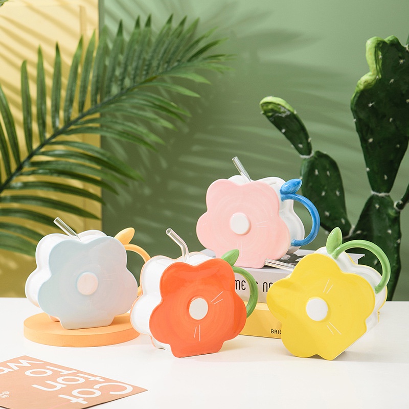 Mới Ly Uống Nước Bằng Gốm Sứ Có Ống Hút Họa Tiết Hoa Xinh Xắn