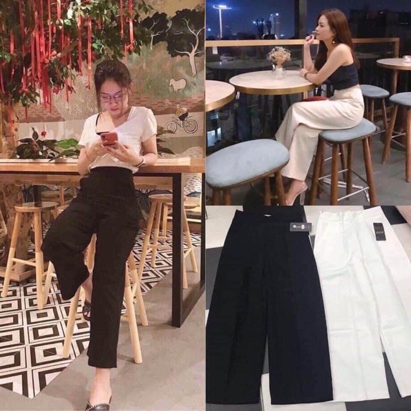 Quần ống rộng lưng cao vải mềm - Quần Culottes Khóa Hông Nữ- Quần suông ống rộng cạp cao, sớ zip màu ĐEN | BE