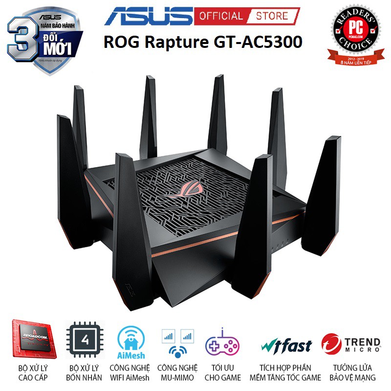 ASUS ROG Rapture GT-AC5300 (Gaming Router) AC5300 WTFast, AiMesh 360 WIFI Mesh, 3 băng tần, chipset Broadcom, AiProtecti