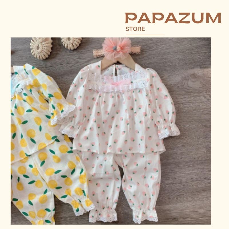 Bộ thu đông cho bé bộ bé gái dài tay họa tiết bắt mắt chất liệu thô đũi mềm mại PAPAZUM SA429