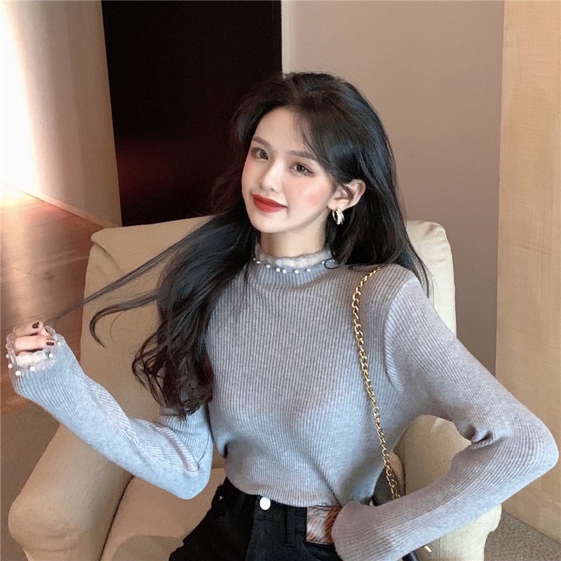 Áo sweater ZHELIHANGFEI dệt kim tay dài cổ lọ phối ren hoa phong cách phương Tây