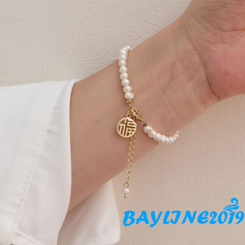 Vòng Tay Đính Ngọc Trai Giả Mặt Tròn Phong Cách Ngọt Ngào Dành Cho Nữ