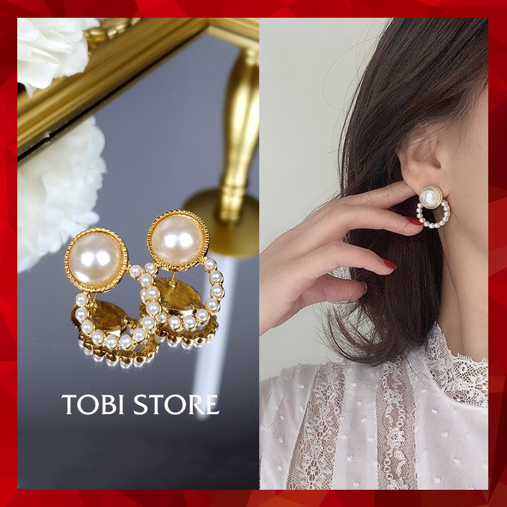 Khuyên tai nụ đính ngọc trai nhân tạo cổ điển cỡ to sang trọng TB02 TOBI STORE