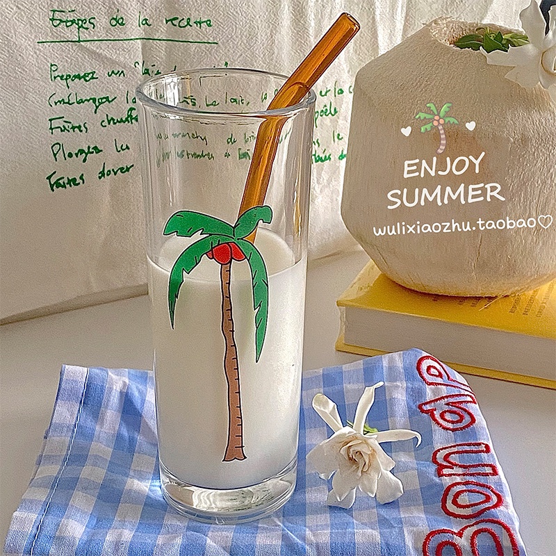 Cốc Thủy Tinh Chịu Nhiệt In Hình Cây Dừa Độc Đáo Tiện Dụng