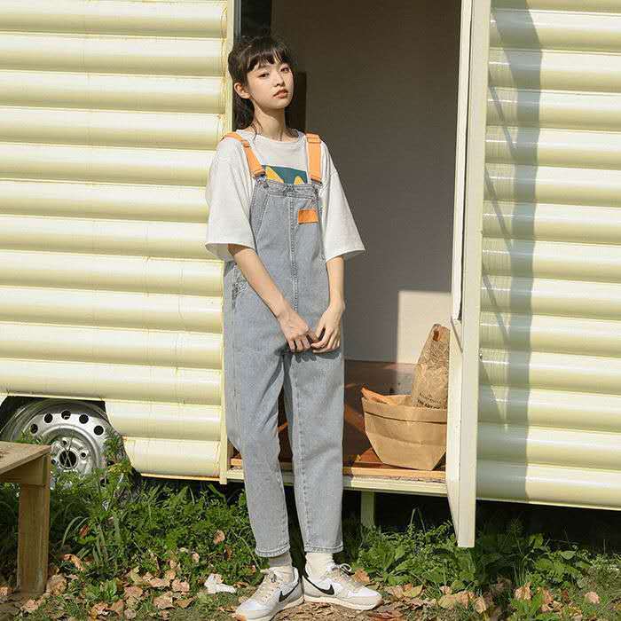 Quần Yếm Jean Ống Rộng Màu Sáng Phong Cách Preppy Thời Trang Cho Nữ