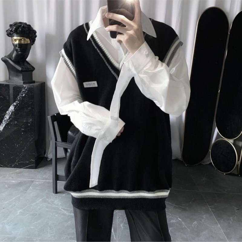 Áo gile đen phối viền 4 mùa unisex