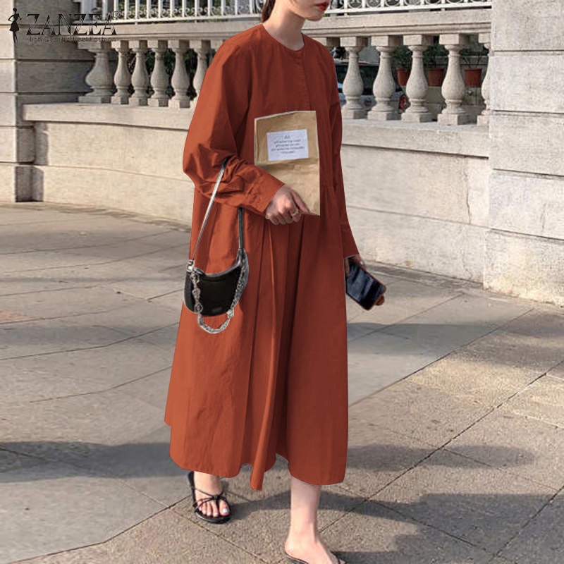 Đầm maxi Zanzea tay dài cài nút màu trơn thời trang cho nữ