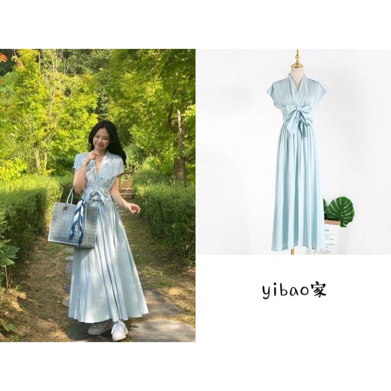 đầm dài đính nơ eo Jennie Blackpink
