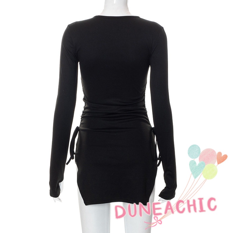 DUNEA Đầm Tay Dài Màu Trơn Thiết Kế Dây Rút Xẻ Tà Phong Cách Nữ Tính