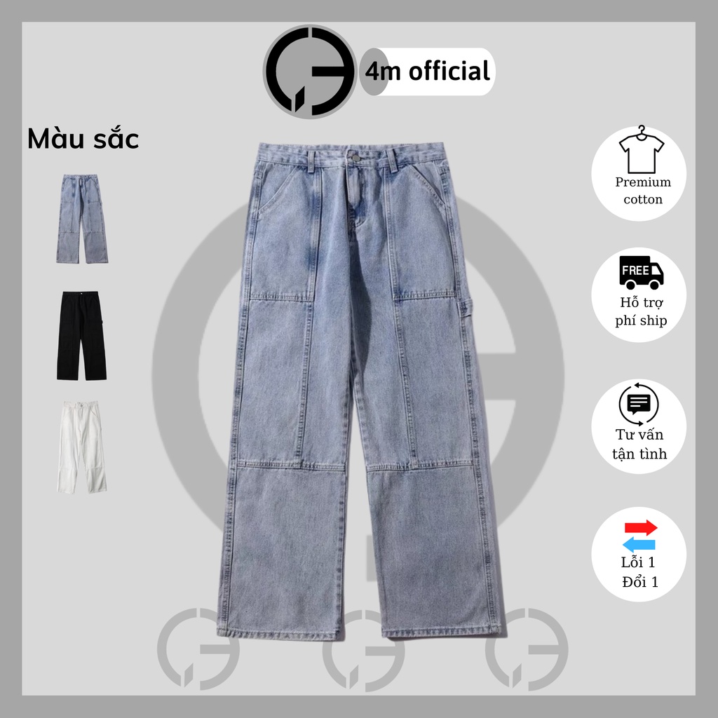 Quần jean baggy túi hộp nam nữ ống suông rộng 4M OFFICIAL, Quần bò nam ống rộng túi hộp unisex