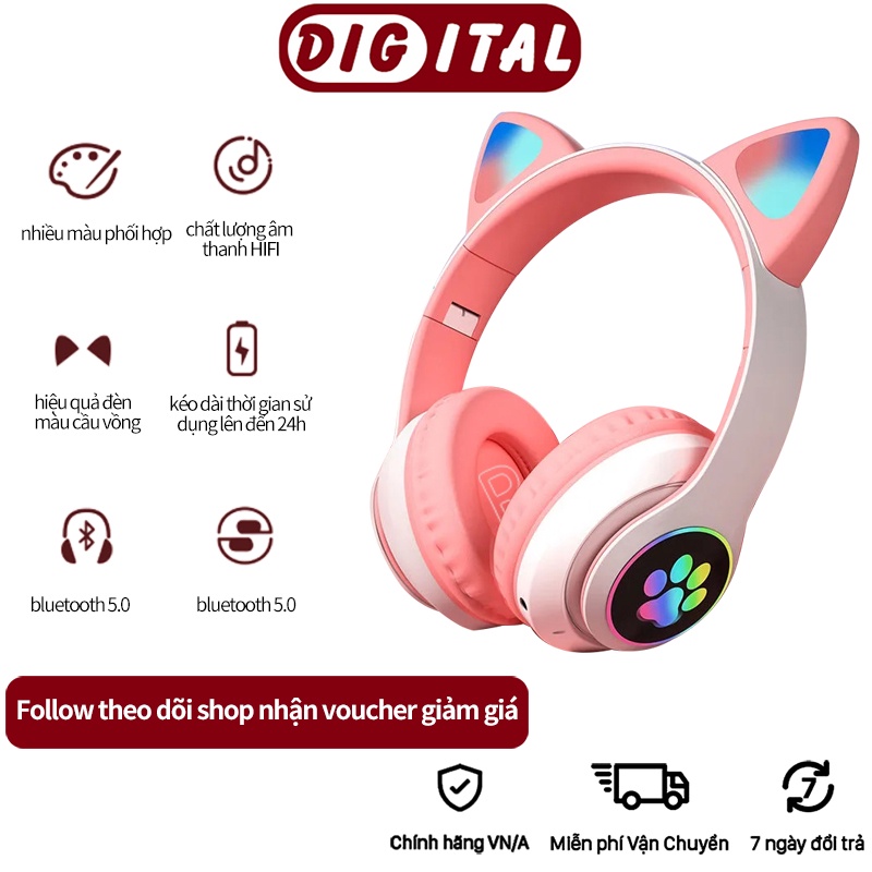 Tai nghe headphone máy tính tai mèo  không dây bluetooth phát quang có  micro  thích với tất cả các loại điện thoại